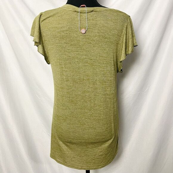 W. by Wantable Shirt Womans V Neck Olive Green Short Flutter Sleeve - Picture 4 of 8